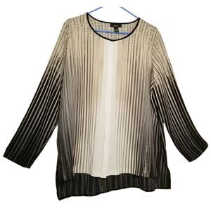 Alfani Women's Polyester LS Button Up Beige Black Striped Blouse Shirt Size 14